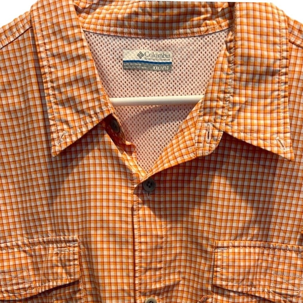 Columbia PFG Shirt XXL Mens Orange Gingham Check Vented Short Sleeve Button Down